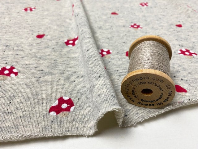 30/-TOP杢ネップ裏毛ニットキノコ柄　グレー杢×ストロベリーレッド
