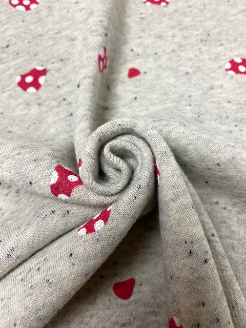 30/-TOP杢ネップ裏毛ニットキノコ柄　グレー杢×ストロベリーレッド