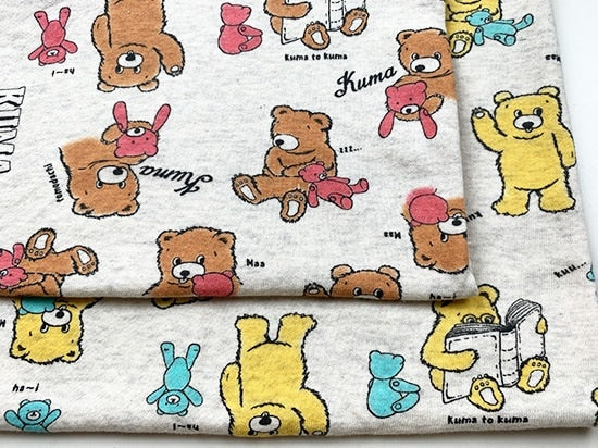 オリジナル30/20TOP杢裏毛ニット kuma&kuma柄 オートミール杢 イエロー×スカイブルー
