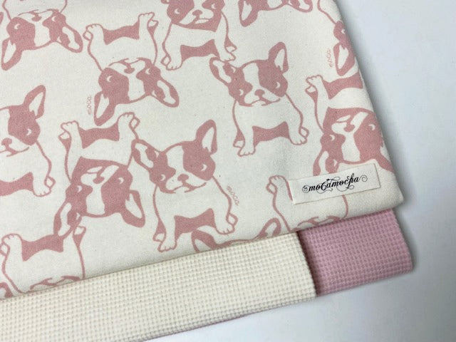 40/20ミニ裏毛ニット フレンチブルちゃん柄エクリュ×スモーキーピンク