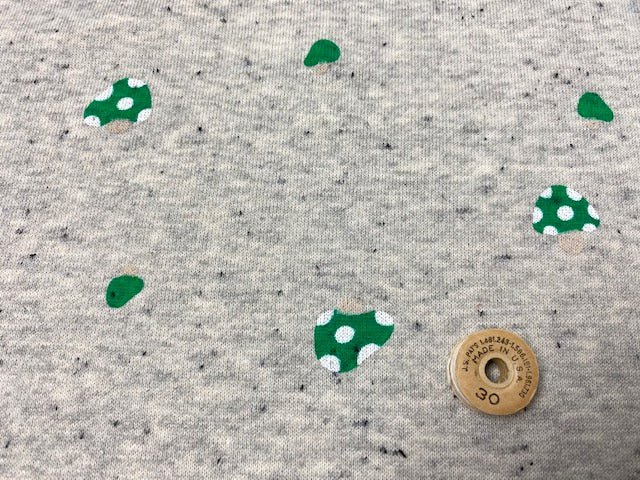30/-TOP杢ネップ裏毛ニットキノコ柄　グレー杢×グリーン