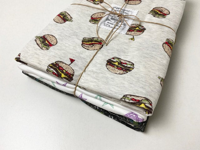 30/-TOP杢度詰天竺ニットハンバーガー柄×デニムスプラッシュ柄 ユニセックスＳＥＴ