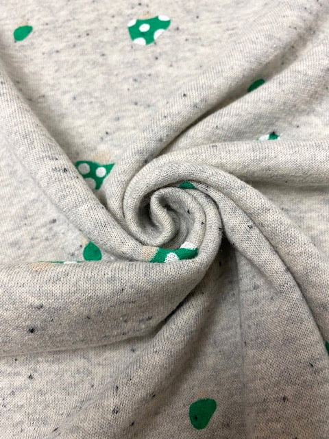 30/-TOP杢ネップ裏毛ニットキノコ柄　グレー杢×グリーン