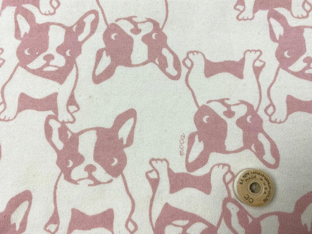 40/20ミニ裏毛ニット フレンチブルちゃん柄エクリュ×スモーキーピンク