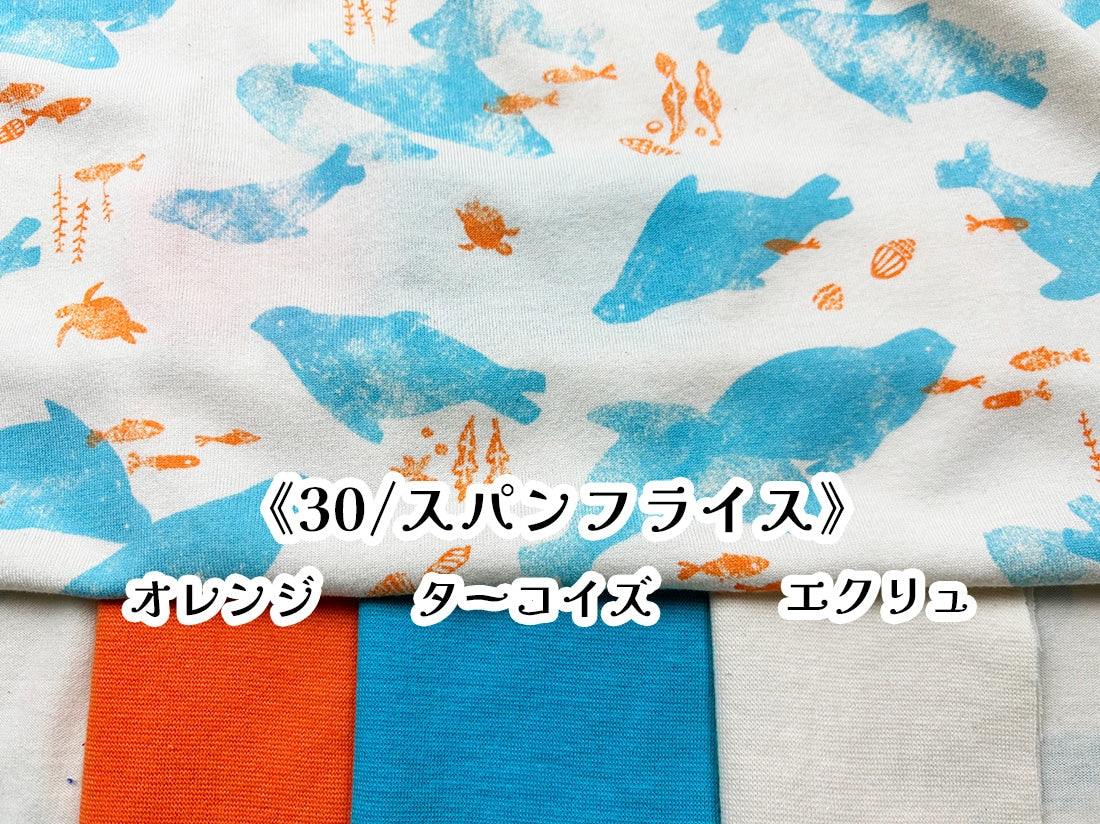 40/2-CM天竺ニット すいすいマリン柄 アッシュブルー×オレンジ