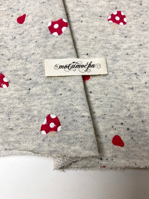 30/-TOP杢ネップ裏毛ニットキノコ柄　グレー杢×ストロベリーレッド